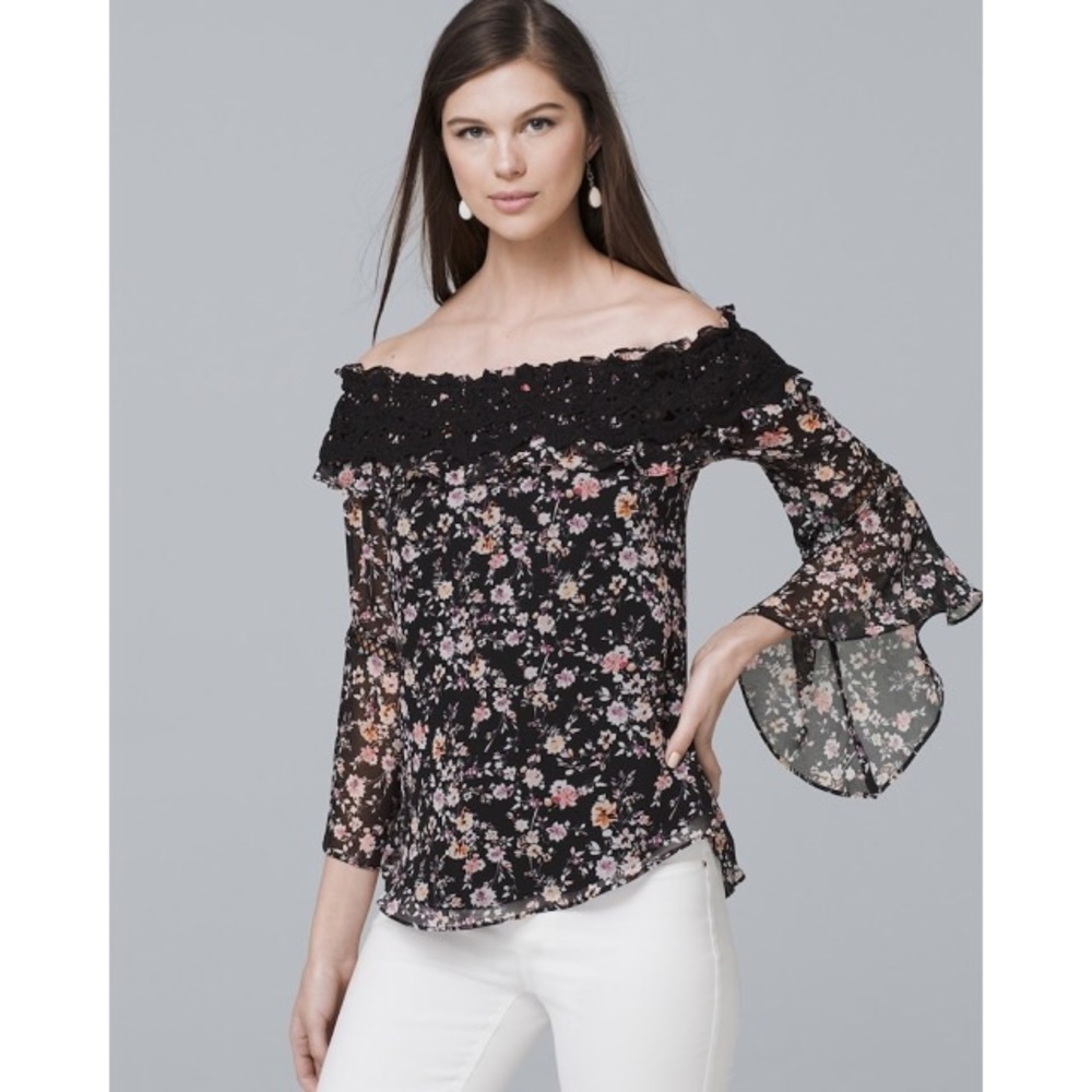 New WHBM Off the Shoulder Blouse floral chrochet